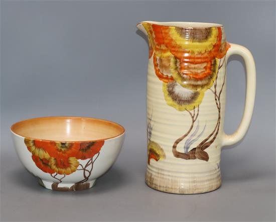 A large Clarice Cliff Rhodanthe jug and bowl jug 28cm